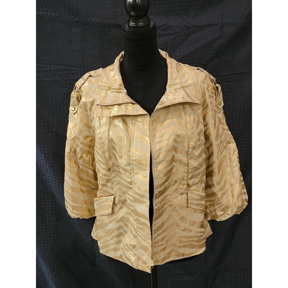 Berek Women Gold Metallic Zebra Print Utility Jacket Zip Up 3/4 Sleeve L